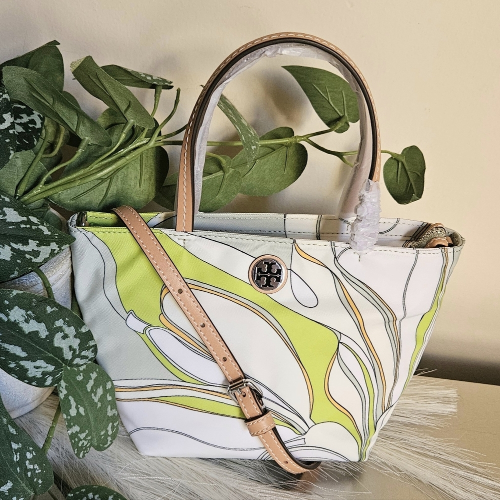 Tory Burch nwt Chartreuse Nylon printed crossbody mini tote twisty flower Ella g